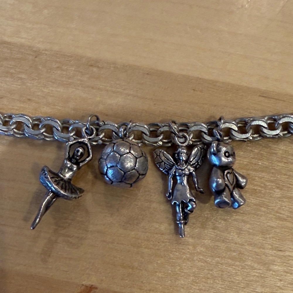 Sterling silver Charm Bracelet with Ballerina, Soccer Ball, Fairy, and Bear